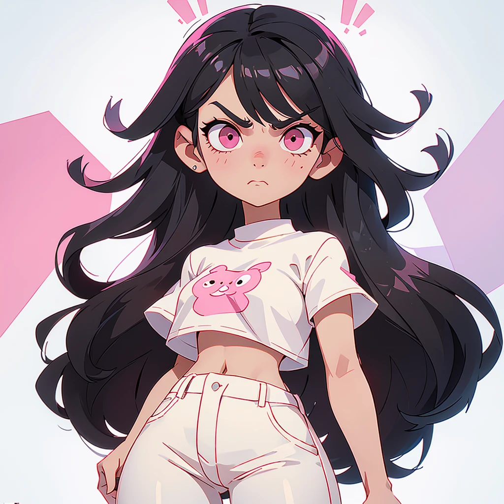 with big eyes, with black hair, kinda angry eyes, tall with a pink crop top and white pants