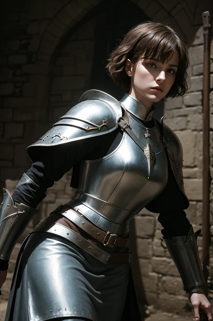 Realistic illustration of Joan of Arc short hair medieval dark fantasy style inspired by 80s films