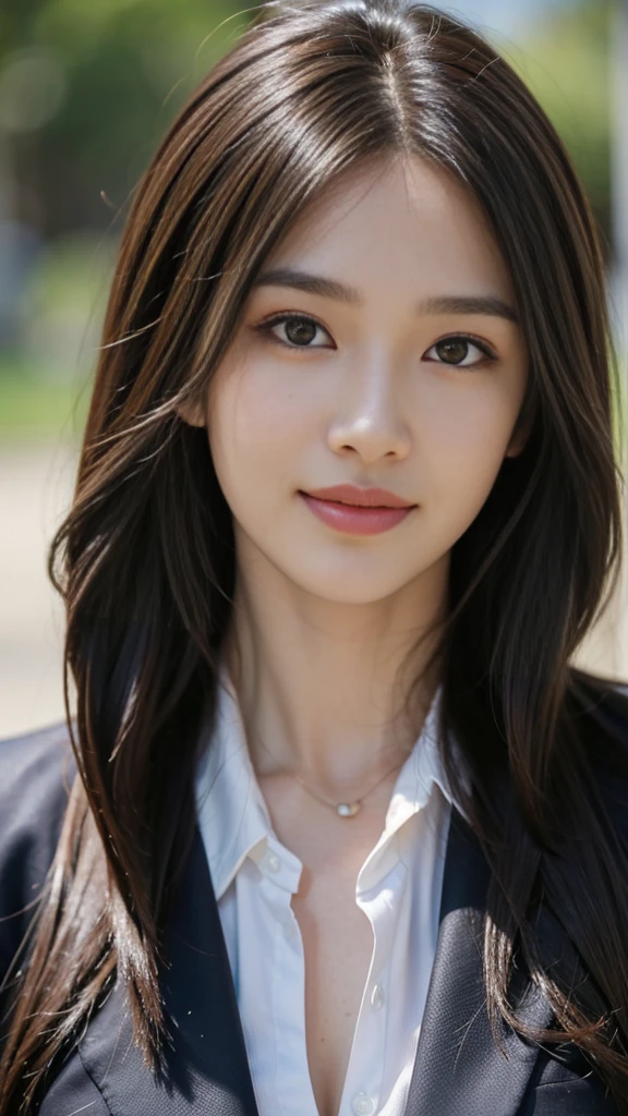 table top, highest quality, realistic, Super detailed, finely, High resolution, 8k wallpaper, 1 beautiful woman,, light brown messy hair, wearing a business suit, sharp focus, perfect dynamic composition, finelyて美しい目, thin hair, Detailed and realistic skin texture, smile, close-up portrait, model body shape