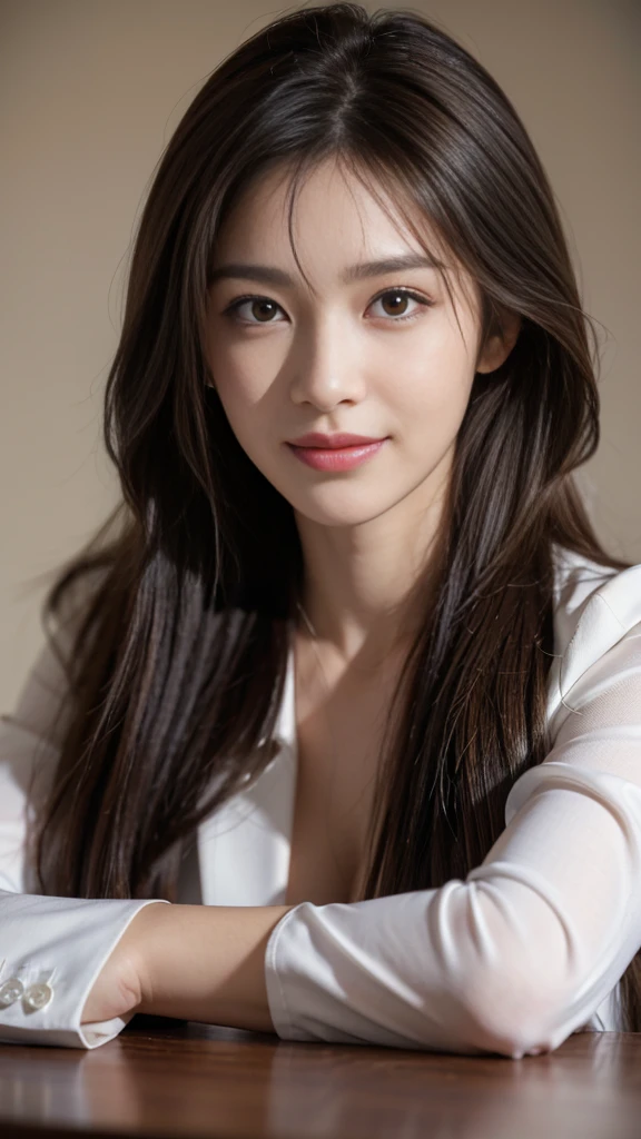 table top, highest quality, realistic, Super detailed, finely, High resolution, 8k wallpaper, 1 beautiful woman,, light brown messy hair, wearing a business suit, sharp focus, perfect dynamic composition, finelyて美しい目, thin hair, Detailed and realistic skin texture, smile, close-up portrait, model body shape
