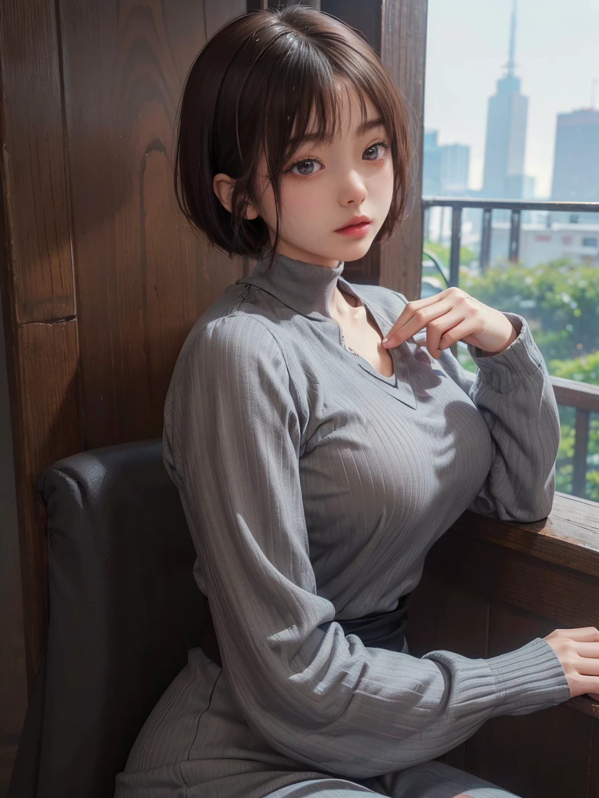 Photo from behind、28 years old,1 Japanese female,((Sit on a chair))((Wearing a grey pantsuit))((Her breasts are popping out of her shirt))((Accentuated buttocks))((Accentuates the fit of your buttocks))(Medium sized breasts),(Beautiful breasts)(Moderately voluptuous body)(Black short bob hair),(Best image quality, (8K), Ultra-realistic, 最high quality, high quality, High resolution, high qualityの質感, Attention to detail, Beautiful details, Fine details, Extremely detailed CG, Detailed Texture, Realistic facial expressions, masterpiece,(Wearing glasses:1.1) (((The upper body is leaning backwards)))(((Accentuates curves from chest to waist)))(((Photograph the whole body)))