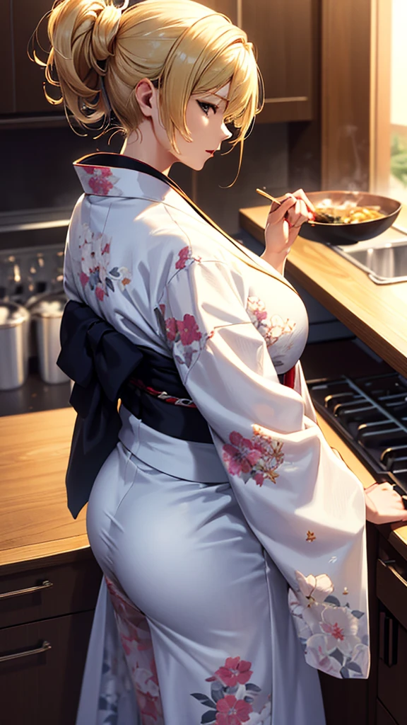 masterpiece, high quality, 4K, Beautiful design, silhouette,blonde, Very detailed,kitchen, wonderful, Finer details, Very knowledgeable woman, Very detailedなソロ, 1 female,Big Breasts,Butt,Underwear Line,Yukata in white color,cooking,