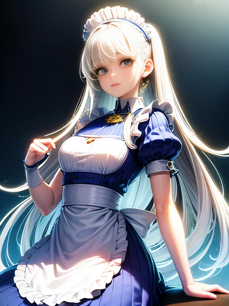 Ultra high definition, Cosplay, 20-year-old woman, (((Platinum Silver Silky Hair)), ((Medium Spiky Hair)), ((Bright blue maid outfit)), ((White blouse)), Center of chest, (Light)))), (Pause))), (Realistic: 1.3), rim Lighting, (Skin with attention to detail:1.2), 8K UHD, Digital SLR, high quality, High resolution, 4K, 8K, Bokeh, Absurd, The optimal ratio is four fingers to one thumb, (Genuine:1.3), The cutest girl 1, Lots of knives