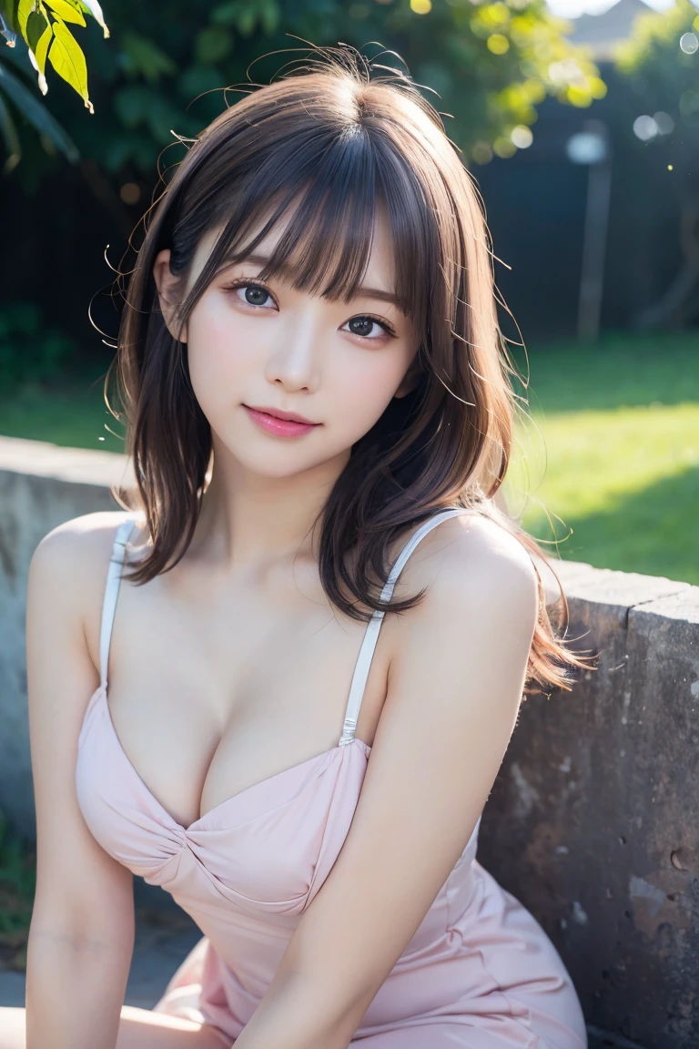 masterpiece, highest quality, 8k,Ultra-high resolution、Head to knee photo、 20th Generation, Large Breasts, cute, alone, Please smile faintly, cute, girly, cute、Delicate girl, Pure beauty, RAW Photos, Professional photography, Soft Light, Professional Lighting, Backlight, avert your eyes, Sophisticated, Film Grain, (Eye and facial details:1.0), Floating Hair、Messy Hair、Wavy long hair、Asymmetrical bangs, Round face、Young Face、(Large Breasts:1.0)、nipple protrusions are clearly visible,、(Grayish pink dress)、Voluptuous thighs、Translucent white skin、dolly make、(Odd Eye、Heterochromia iridis、golden eye silver eye、The irises of the left and right eyes are different colors)