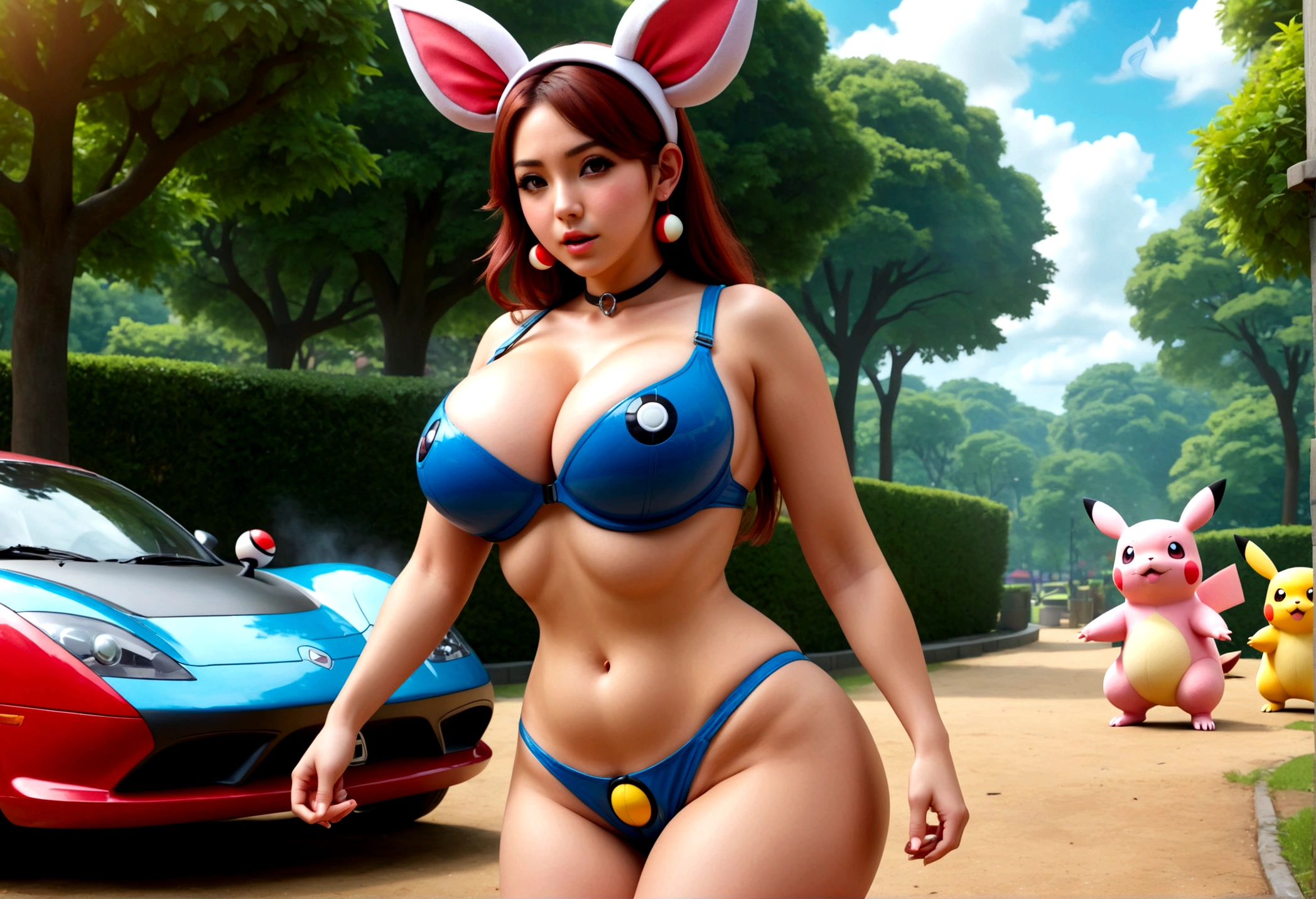 a gorgeous woman, mega busty, colorful bikini, enormous breasts, enormous breasts, enormous breasts, washing sports car, lewd pose, soapy water, photorealistic, 8k, hyperdetailed, vibrant colors, dynamic lighting, cinematic composition, glamour, sensual, erotic art (subject 1:cute woman pokemon trainer) determined look, has tossed a pokeball which releases (subject 2: woman, hourglass figure, large breasts , in pokemon boots and ears, confused and embarrassed, attempting to hand bra) crowded park in daytime, several horny pokemon with large engorged penis gather to sex subject 2. (best quality,4k,8k,highres,masterpiece:1.2),ultra-detailed,(realistic,photorealistic,photo-realistic:1.37),8k, hyperrealistic, extremely detailed, highly detailed, intricate details, soft lighting, vibrant colors, warm palette, dynamic composition, cinematic lighting, depth of field, stunning visuals, striking pose, photorealistic, professional quality, digital art, 3D render, concept art, fantasy, magical realism, whimsical, playful, humorous, (Title "MILFACHU I CHOOSE YOU! USE PUSSY POWER ATTACK!")
