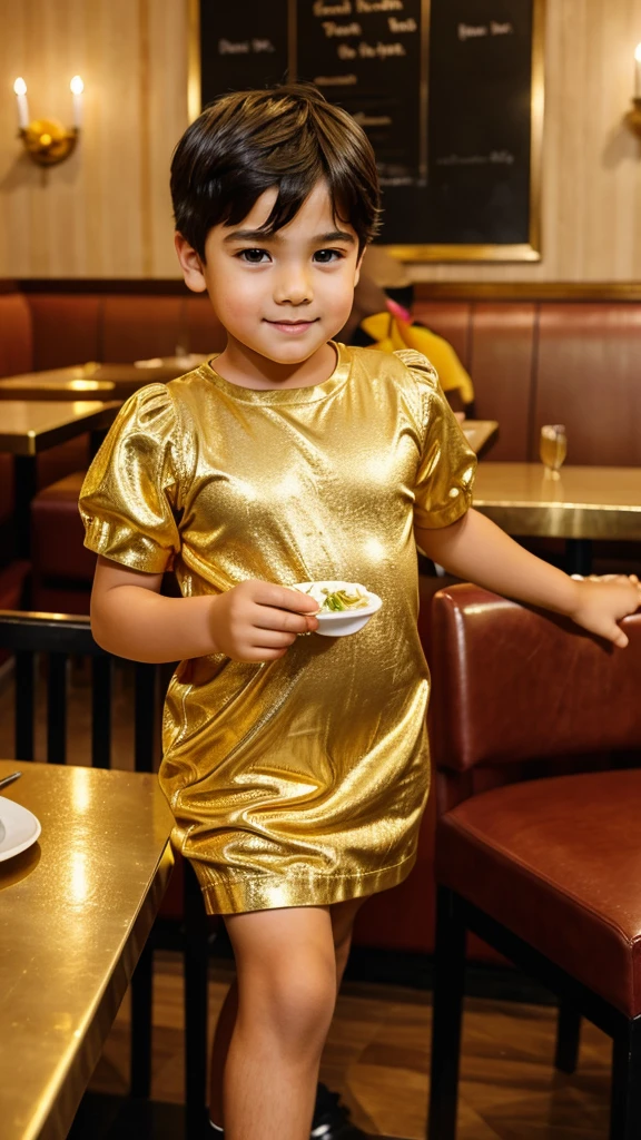 A boy who is celebrating his birthday in a restaurant wearing golden dress.