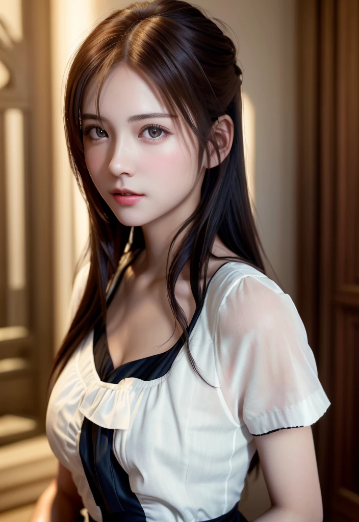 8K, of the highest quality, masutepiece:1.2), (Realistic, Photorealsitic:1.37), of the highest quality, masutepiece, Beautiful young woman, Pensive expression,、A charming、and an inviting look, Cute Maid Clothes, Hair tied back, Cinematic background, Light skin tone