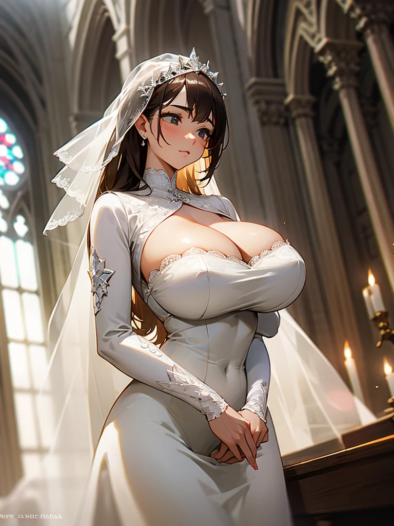 Woman with huge breasts wearing a lace wedding dress with a provocative neckline in the church