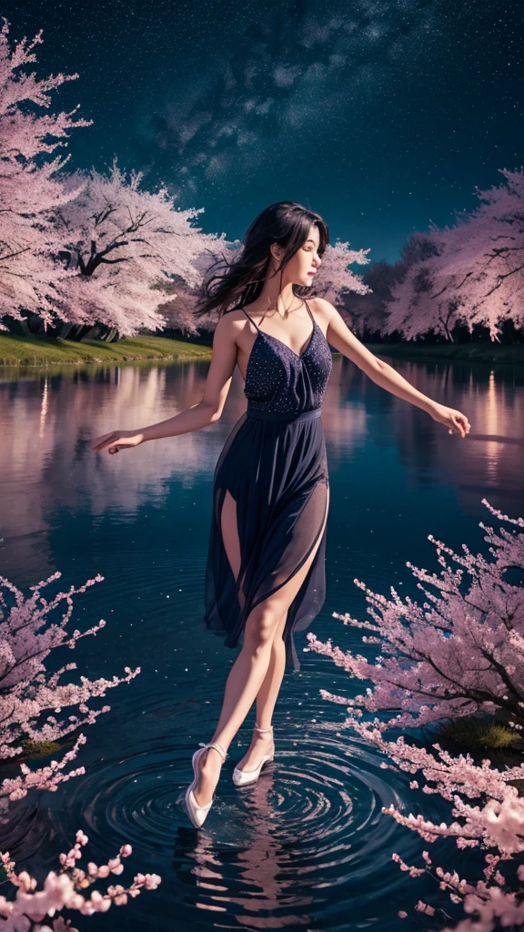 Woman dancing at night with a starry sky in a shallow lake surrounded by cherry trees