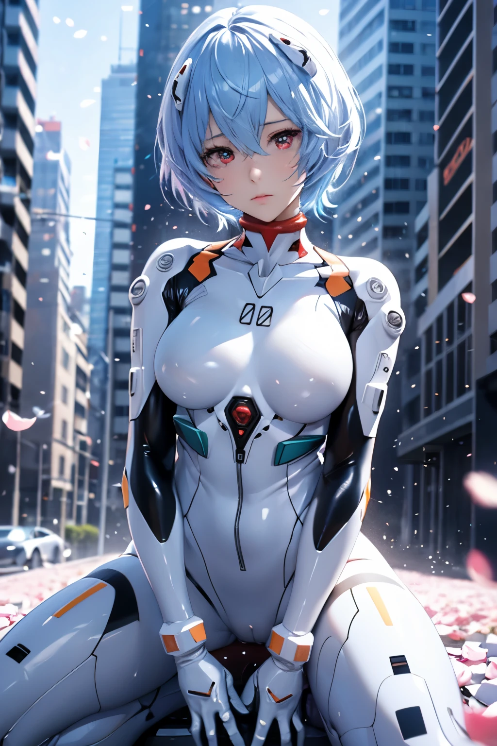 (Realistic, photoRealistic), ayanami, One Girl, Blue Short Hair, White hair ornament, (underwear), Sit on the ground, noon、Sexy pose、Buildings、(Cowboy Shot),(Tabletop, high quality, 最high quality), (colorful),(Delicate eyes and face), Volumetric Light, Ray Tracing, Highly detailed CG Unity 8k wallpaper,alone、((Fluttering petals)),Outdoor, ((cyber punk)), Cyber City, ((Neon Trim)),frontage,(Spread your legs)