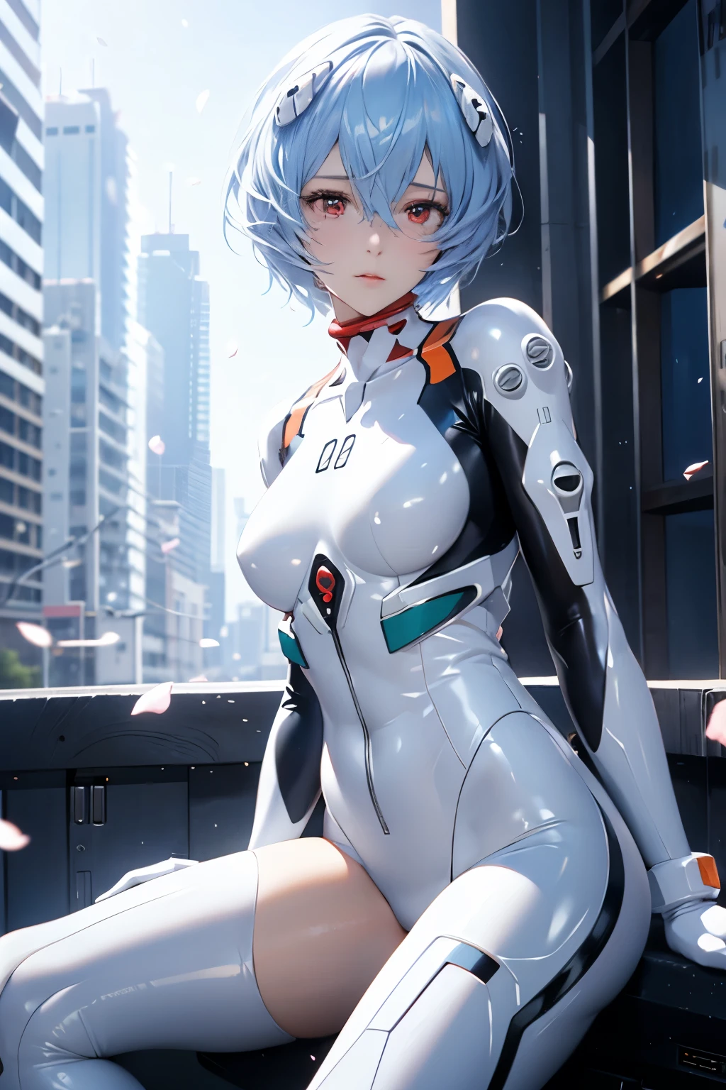 (Realistic, photoRealistic), ayanami, One Girl, Blue Short Hair, White hair ornament, (underwear), Sit on the ground, noon、Sexy pose、Buildings、(Cowboy Shot),(Tabletop, high quality, 最high quality), (colorful),(Delicate eyes and face), Volumetric Light, Ray Tracing, Highly detailed CG Unity 8k wallpaper,alone、((Fluttering petals)),Outdoor, ((cyber punk)), Cyber City, ((Neon Trim)),frontage,(Spread your legs)