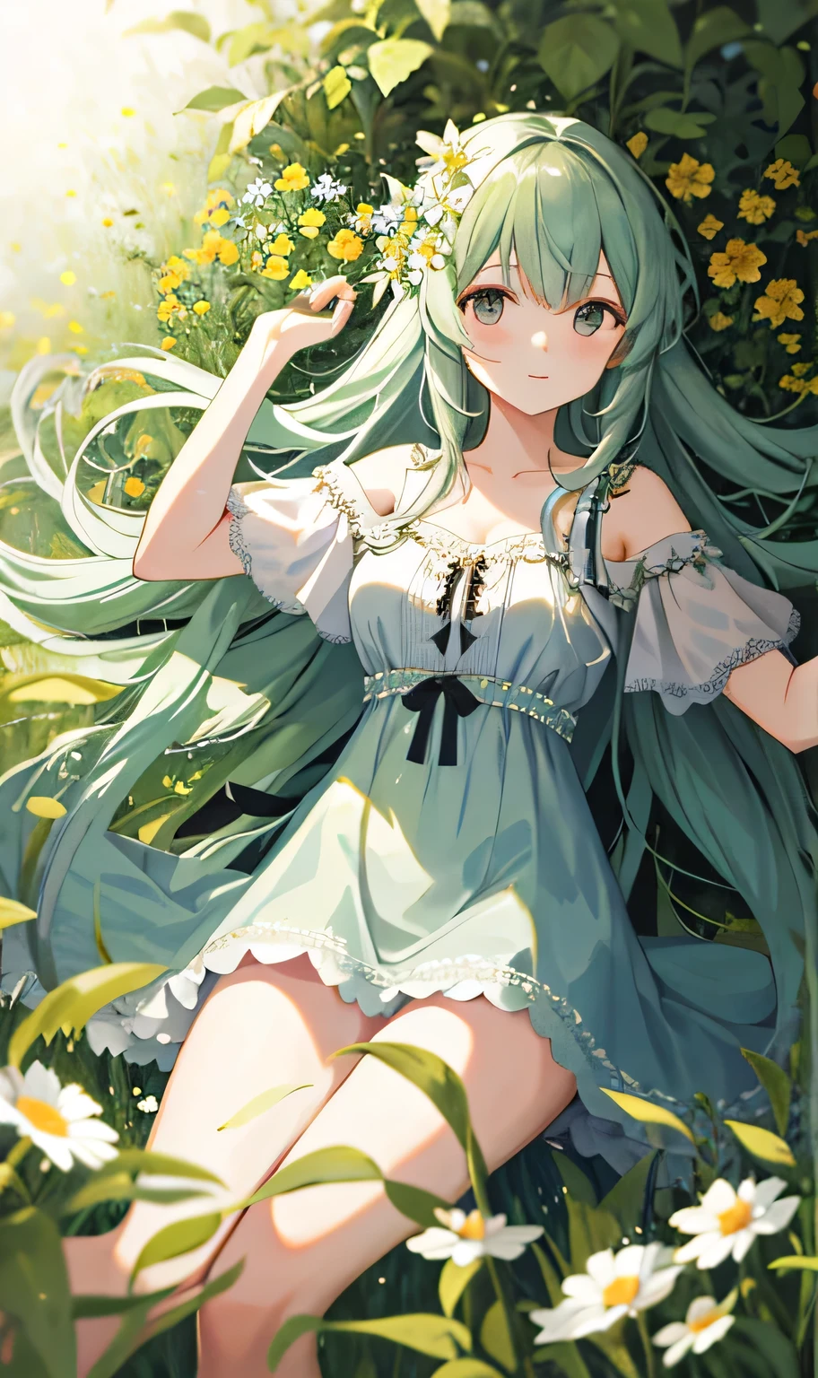 （masterpiece，Highest quality），A girl with long white hair lying half-naked in a field of greenery and flowers，Warmly lit，Blurred foreground