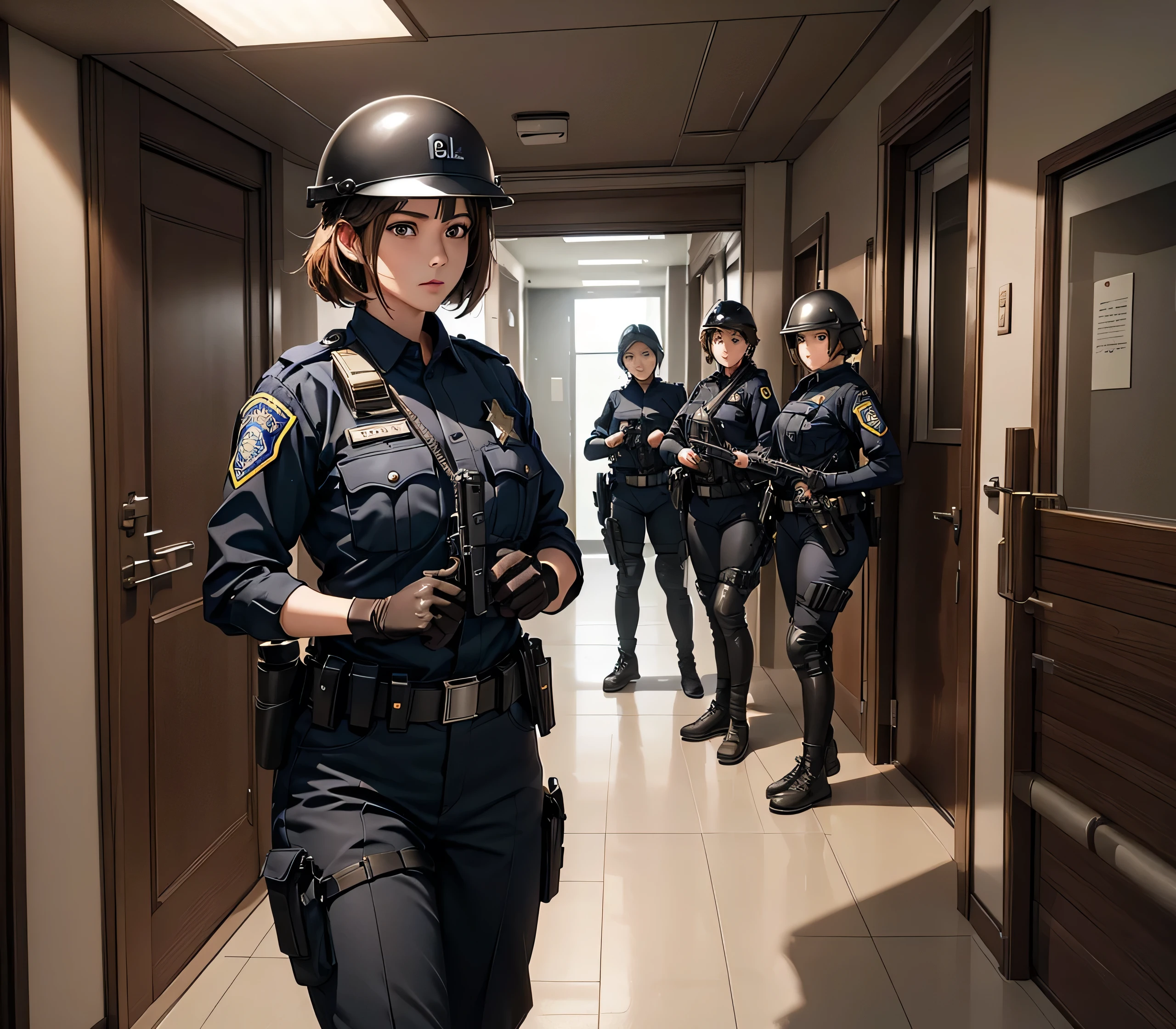 A group of female police officers all wearing brown M-51、Wear a steel helmet、Black belt、Gloves、Interior corridors、masterpiece、best quality、Highly detailed CG、8K picture quality