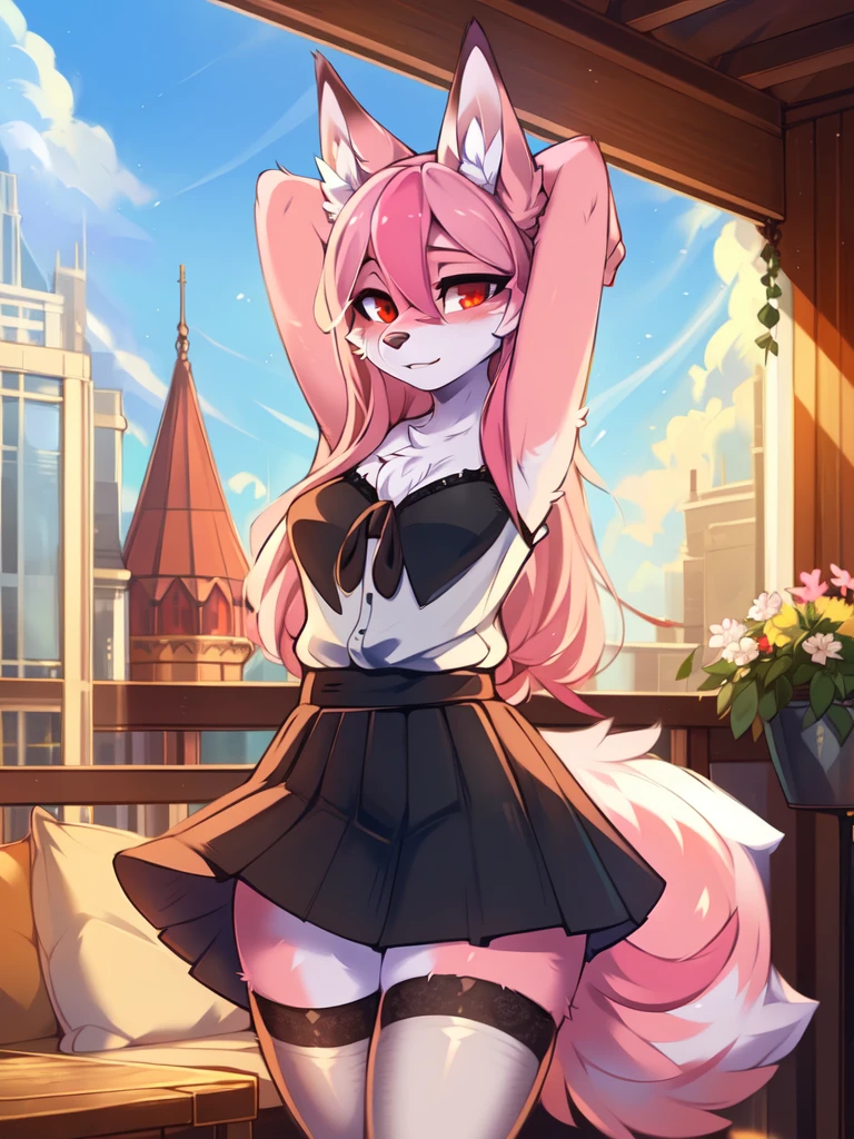 from Kenketa, Ross Tran, Ruan Jia, mumps, Foxovh, от zackary911, от Hyattlen, on a terrace, by Fumiko, от Pixelsketcher, by Bayard Wu, Thomas Benjamin Kennington, from Einshelm, from Kilina, by Coffeesoda, from Hyoshiru, from down-kevlar, от r-mk, by Dimwitdog, fluffy, Nazuna_hiwatasi, antro, Female, One, standing, mocking look, (half-closed eyes), pink hair, pink tail, (white for girls, blues skirt, high stockings), (Red eyes), I look at the viewer, (Medium breasts, hips), (Fox), Class, (hands above head), (pink body, two-tone fur)