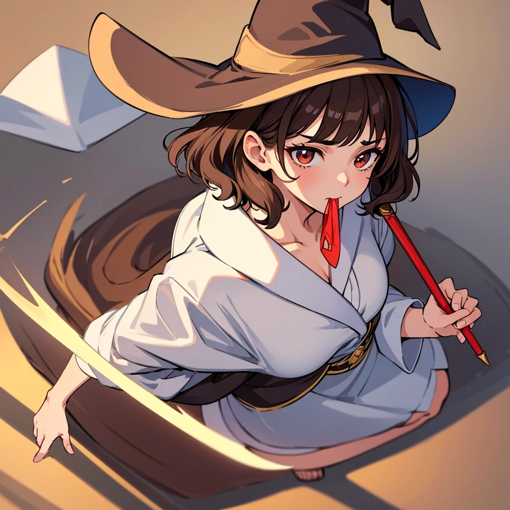 (((Solo)))、Highest quality, Best Quality,Best illustrations、(Brown Hair、Short Perm Hair、Wavy Hair、Short bangs、Align your bangs)、(Witch Hat、Brown simple robe)、(Magic wand)、(The magic of light、Use magic)、(White background)、(Mature 50 Year Old、Adult women、Red eyeshadow)、(Full body character concept、detailed)、Run、(get annoyed、Open your mouth)、(From above at an angle)
