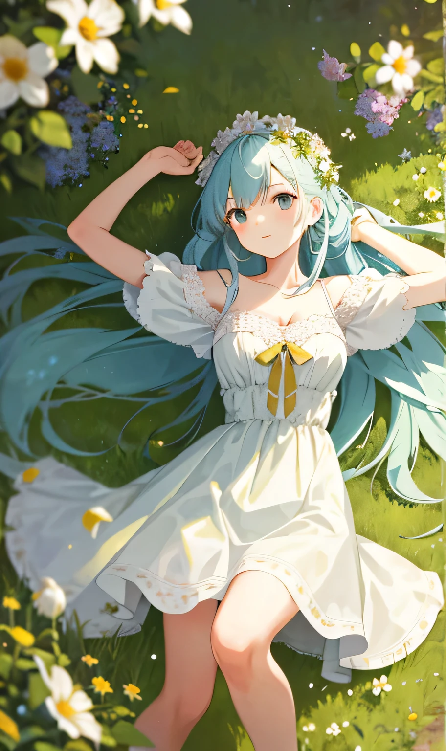 （masterpiece，Highest quality），A girl with long white hair lying half-naked in a field of greenery and flowers，Warmly lit，Blurred foreground