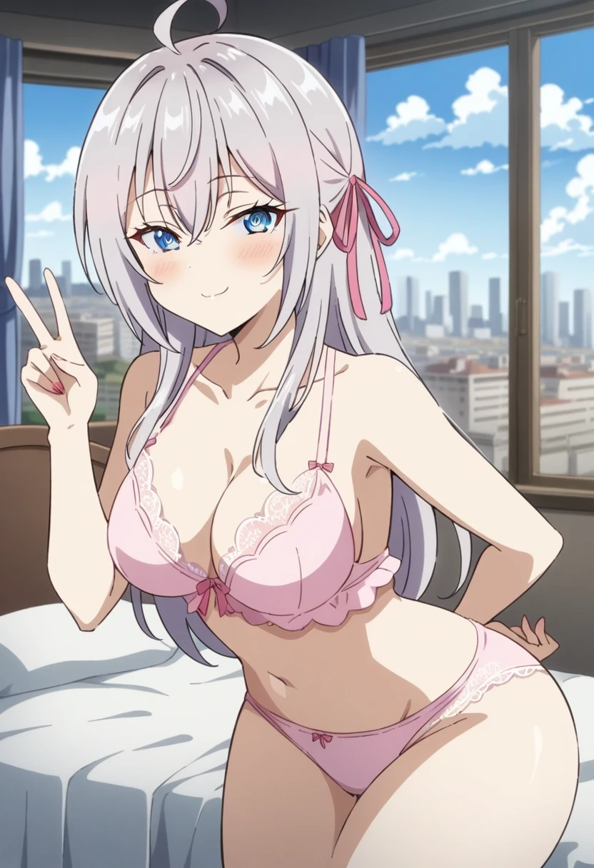 (anime art style:0.5), 2d, masterpiece, best quality, very aesthetic, absurdres, dynamic shadows, atmosferic, alisa_mikhailovna, (1girl), (grey hair), long hair, blue eyes, detailed eyes, ahoge, hair between eyes, bangs, medium breasts, curvy body, makeup, intense blush, cleavage, collarbone, (sexy smile), hair ribbon, pink lingerie, lace-trimmed lingerie, sexy smile, (upper body), standing, (v), looking at viewer, indoors, bed, city, clouds