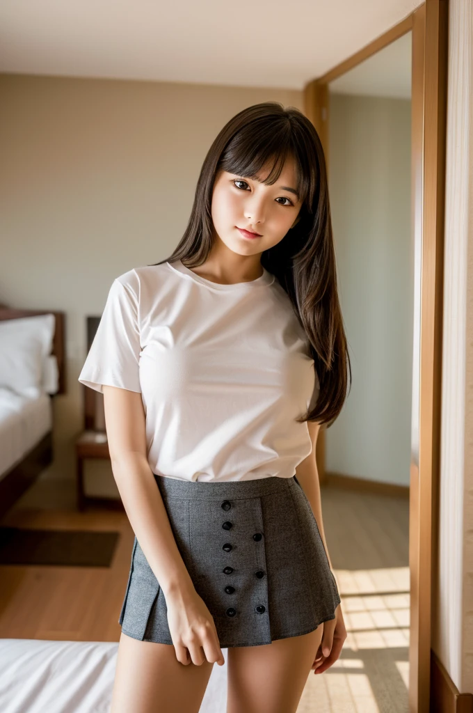 Pieces fly, Highest quality, figure, Very detailed, Fine details, High resolution, 8K,wallpaper, Perfect dynamic composition,(Detailed high quality, Realistic depiction of eyes:1.3), (The perfect fit T-shirt:1.2, Tight mini skirt),Large Breasts:0.8 Big Natural Color Lip, Bold sexy pose, (((10-year-old girl)))、(Cute type、Lolita)、Beautiful feet, Hotel Rooms, Gravure idol pose, (Woman standing on top, Straddle, sit)