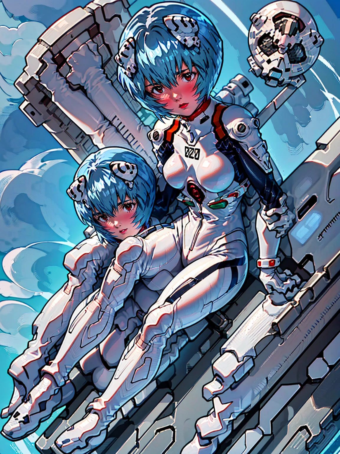 ((Highest quality, 8k wallpaper)),(masterpiece, Highest quality),Very detailed,High resolution,(Official Art:1.3),(((Anime screenshots,Black outline))),One girl,alone, Break mer1,(Rei Ayanami {Neon Genesis Evangelion,}1.2),masterpiece, best quality, outdoor, 1girl, Solo,red eyes,short hair,blue hair, (White plug suit:1.4), skin tight,(backlight, shaded face, cross-eyed, rolling eyes, empty eyes, jitome, raised eyebrows, one eye closed:1.3),(((Covered in sweat, Mass sweat, Sweating profusely,steam,diving helmet:1.7))), (((fighting stance, knees together feet apart, leaning forward, holding own arms, bent legs:1.8))),(((独奏, cowboy shot:1.7))),