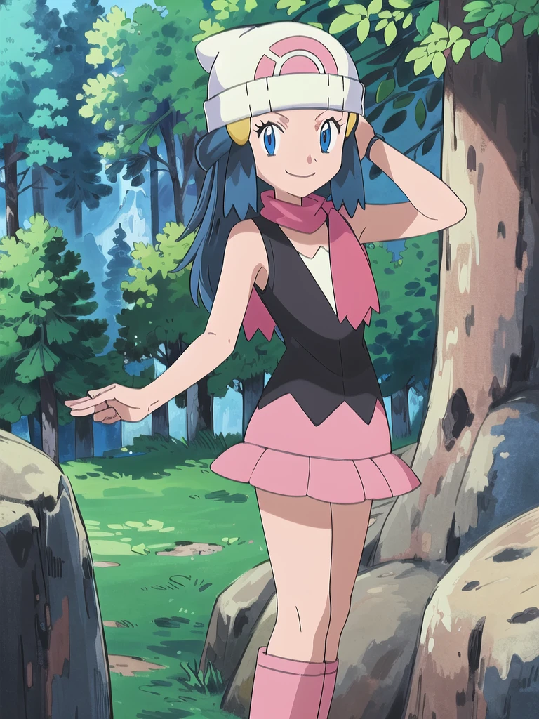 masterpiece, best quality, 1girl, dawn \(pokemon\), beanie, long hair, blue hair, blue eyes, black sleeveless shirt, pink scarf, pink skirt, pink boots, smile, looking at viewer, forest background