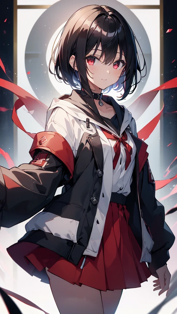 (masterpiece, highest quality, highest quality, (No text), Beautiful and aesthetic:1.2),No text,アニメ、BREAK,One Girl，Black Hair Girl　short hair　older sister　choker　Tree Eyes　Beautiful eyes　Red eyes　cool　smile　Red and Black　Black jacket　mini skirt　whole body　In town