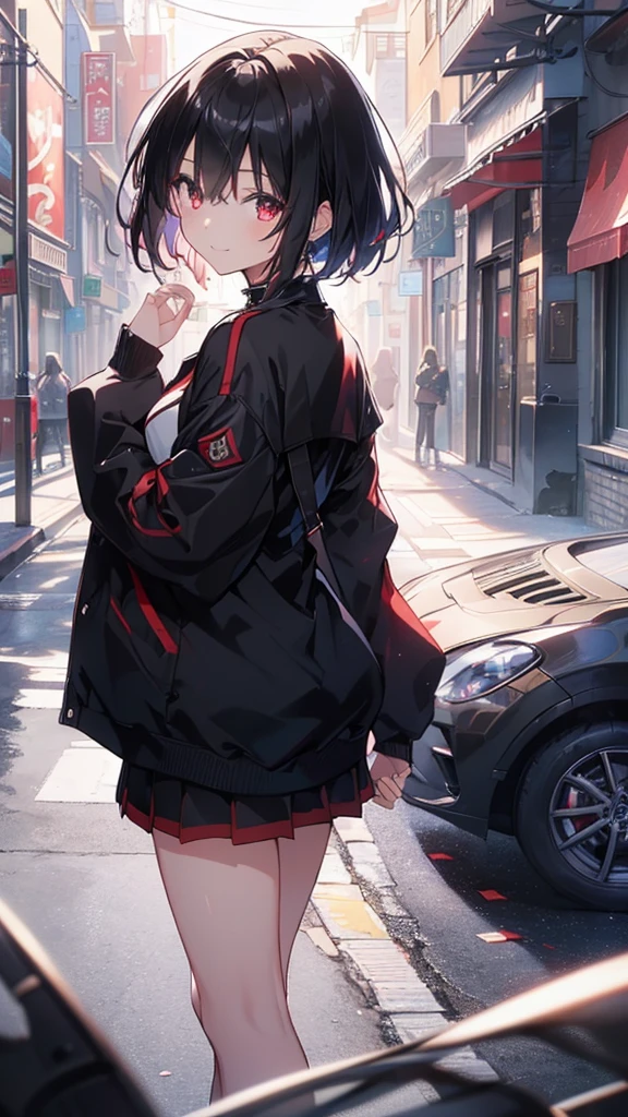 (masterpiece, highest quality, highest quality, (No text), Beautiful and aesthetic:1.2),No text,アニメ、BREAK,One Girl，Black Hair Girl　short hair　older sister　choker　Tree Eyes　Beautiful eyes　Red eyes　cool　smile　Red and Black　Black jacket　mini skirt　whole body　In town