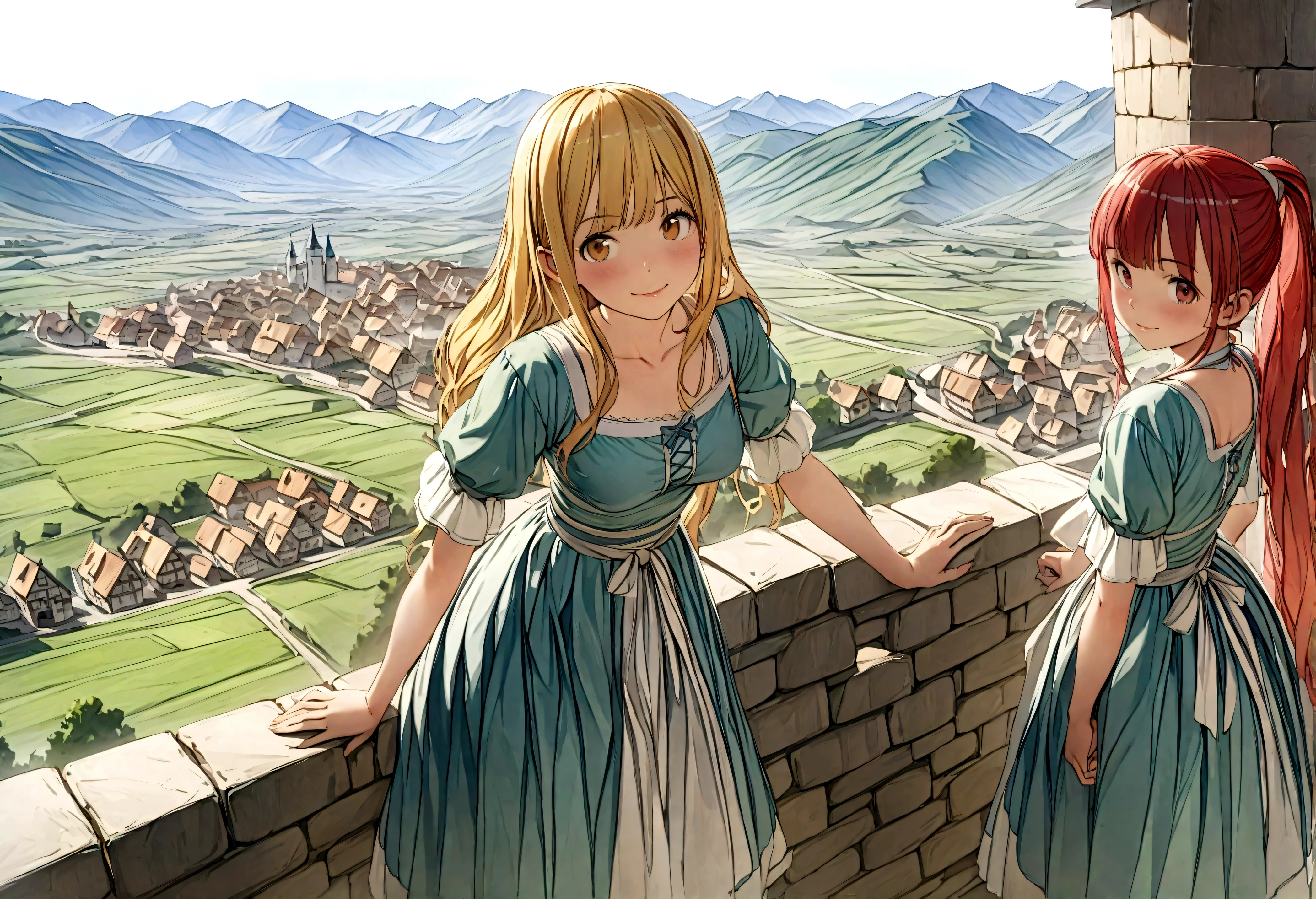 (((Top quality, 4k, 8k, high resolution, masterpiece: 1.2))), (super detailed), (realistic), (photorealistic), (photorealistic: 1.37), (HDR, UHD), (studio (lighting)), ultra-fine drawing, sharp focus, physically based rendering, highly detailed, professional, vibrant colors, perfect ditaile hand, highly detailed realistic eyes,
kawaii, qute,
(((Long shot, Panorama, Distant view, Vast landscape))), knees, feet, looking at viewer,
girls, multiple girls, one girl,
short hair, medium hair, medium length, long hair, ponytail,
red hair, blue hair, blonde hair, green hair, pink hair,
medieval European clothing, Citizen's Clothing from Medieval Europe, miniskirt, mid-length skirt, long skirt, chinos pants,
playing the guitar,
Medieval European town, Medieval European rural village, Rural grassland, Mountain view, Rural river, Irrigation canal,