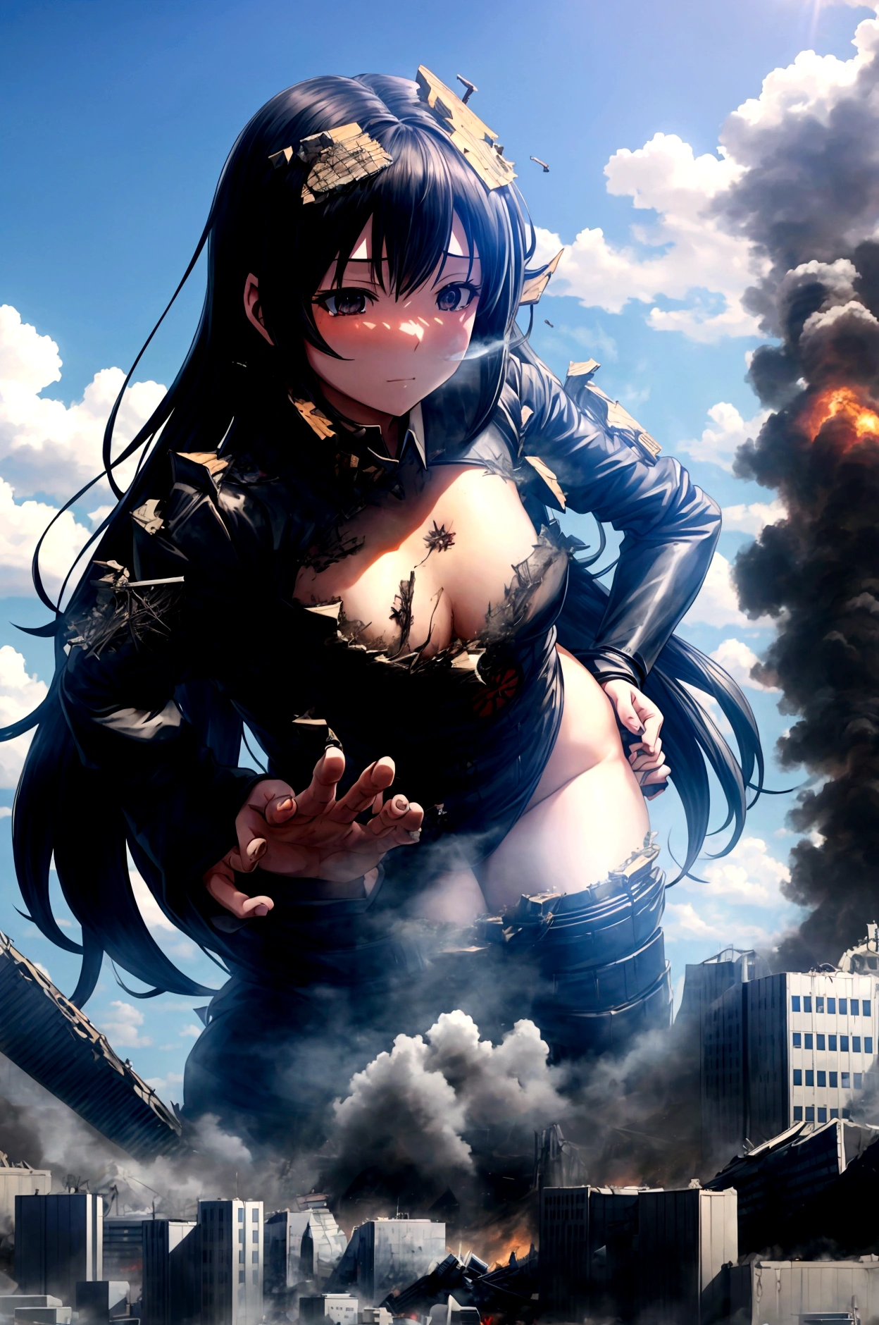 Anime illustration、Giantess、Hall々Stand with、Hands on hips、business suit、Black Hair、Long Hair、Low - Angle、Destroyed small town、Destroyed Tokyo、City in Ruins、Smoke is rising、The fugitive々、A devastating landscape、Spectacular atmosphere