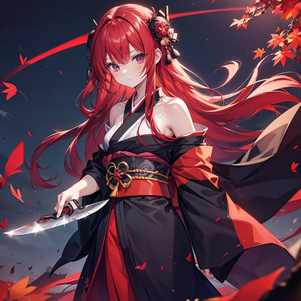 ((((knife)))) (((Redhead Long Hair Black kimono red band Goddess of victory Lonely sorrow))) ((Red butterfly night Japanese style shoulder old)) (moon star autumn) Shining Edge Shining Background