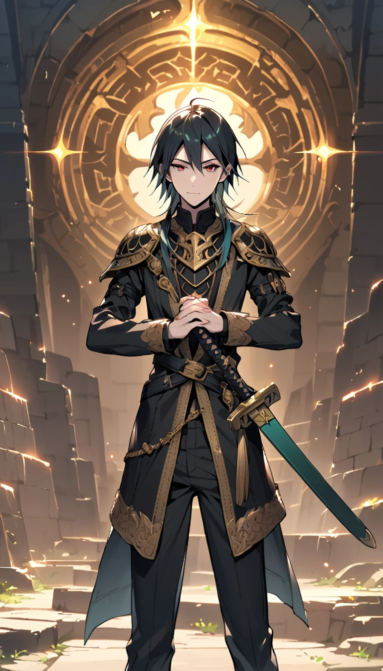 1boy, solo, male , slender, 1boys is 17 years old, hair, long hair, bikini armor,  sword, own hands together, legs apart, standing, scabbard, sheath, sheathed, BREAK male focus, fantasy, outdoors, sparkle,