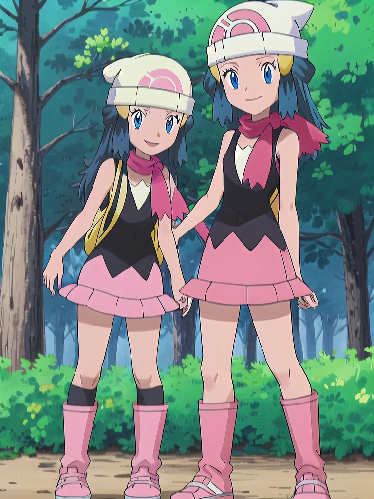 masterpiece, best quality, 1girl, dawn \(pokemon\), beanie, long hair, blue hair, blue eyes, black sleeveless shirt, pink scarf, pink skirt, pink boots, smile, looking at viewer, forest background