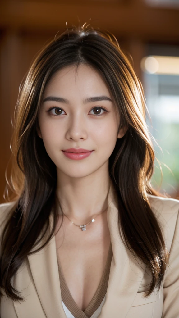 table top, highest quality, realistic, Super detailed, finely, High resolution, 8k wallpaper, 1 beautiful woman,, light brown messy hair, wearing a business suit, sharp focus, perfect dynamic composition, finelyて美しい目, thin hair, Detailed and realistic skin texture, smile, close-up portrait, model body shape