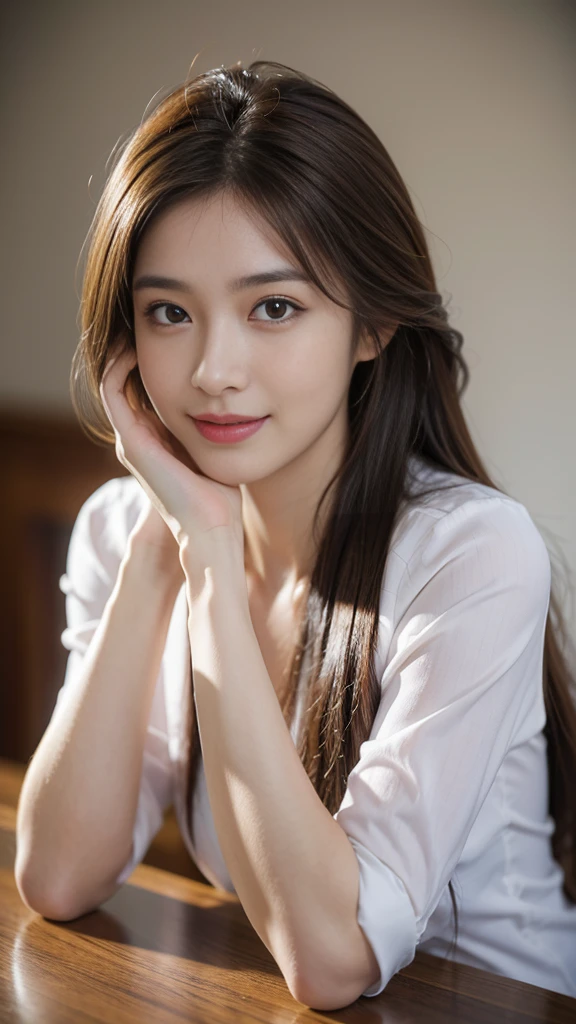 table top, highest quality, realistic, Super detailed, finely, High resolution, 8k wallpaper, 1 beautiful woman,, light brown messy hair, wearing a business suit, sharp focus, perfect dynamic composition, finelyて美しい目, thin hair, Detailed and realistic skin texture, smile, close-up portrait, model body shape
