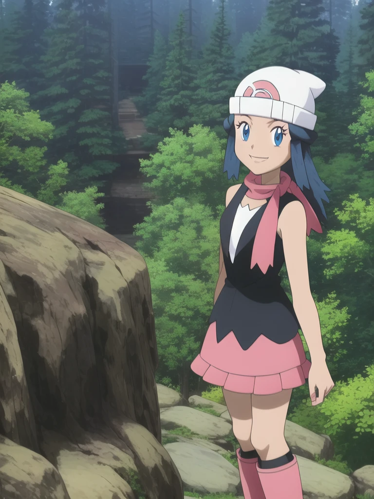 masterpiece, best quality, 1girl, dawn \(pokemon\), beanie, long hair, blue hair, blue eyes, black sleeveless shirt, pink scarf, pink skirt, pink boots, smile, looking at viewer, forest background