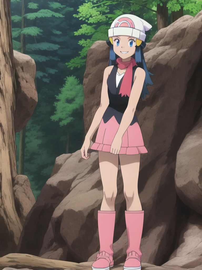 masterpiece, best quality, 1girl, dawn \(pokemon\), beanie, long hair, blue hair, blue eyes, black sleeveless shirt, pink scarf, pink skirt, pink boots, smile, looking at viewer, forest background