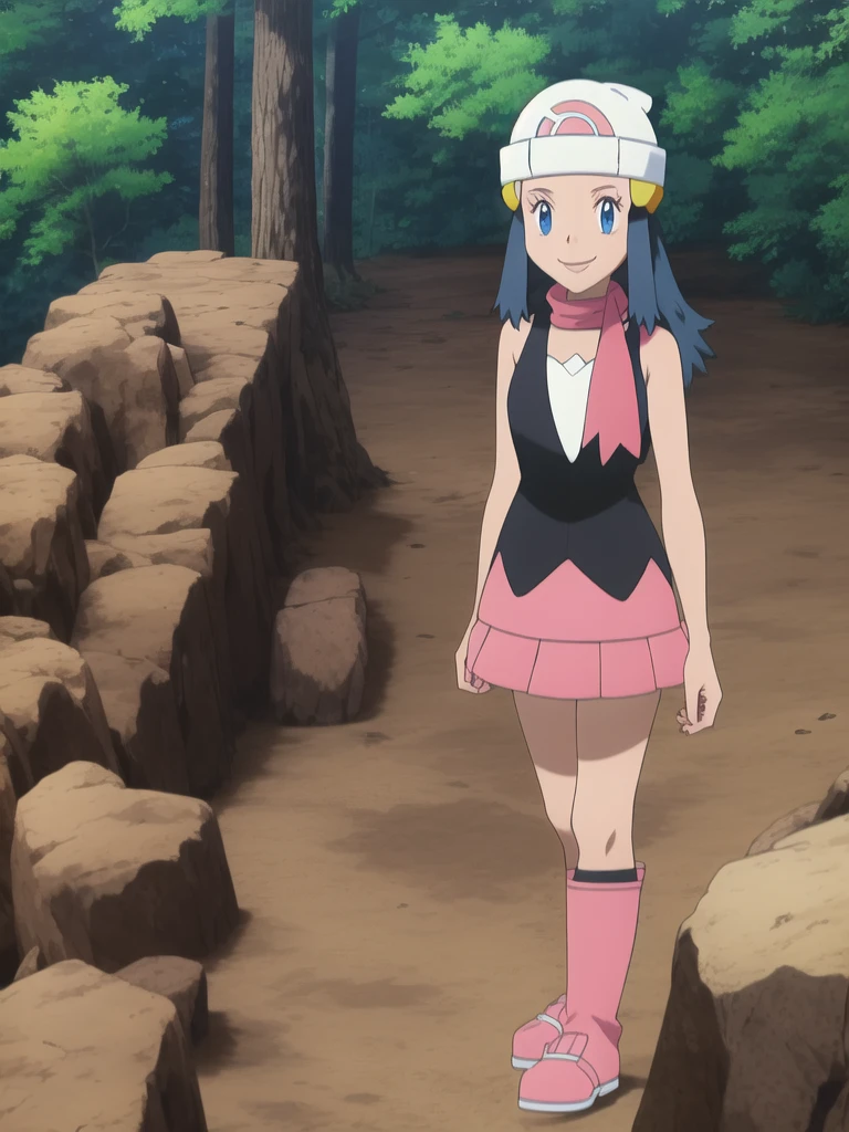 masterpiece, best quality, 1girl, dawn \(pokemon\), beanie, long hair, blue hair, blue eyes, black sleeveless shirt, pink scarf, pink skirt, pink boots, smile, looking at viewer, forest background