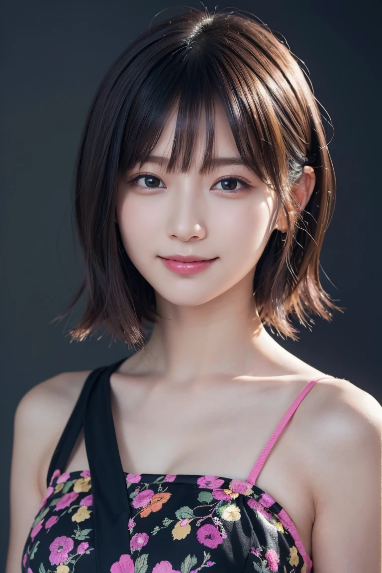 1 girl, (Wearing colorful stage costumes:1.2), Very beautiful Japanese idol portraits, Face close-up, (RAW Photos, highest quality), (Realistic, Realistic:1.4), (masterpiece), Very delicate and beautiful, Very detailed, 2k wallpaper, wonderful, finely, Very detailed CG Unity 8K wallpaper, Very detailed, High resolution, Soft Light, Beautiful detailed girl, Very detailed目と顔, Beautiful and sophisticated nose, Finely beautiful eyes, Cinema Lighting, (Simple light color background:1.3), (short hair), (Bob), Complete Anatomy, Slender body, Small breasts, smile