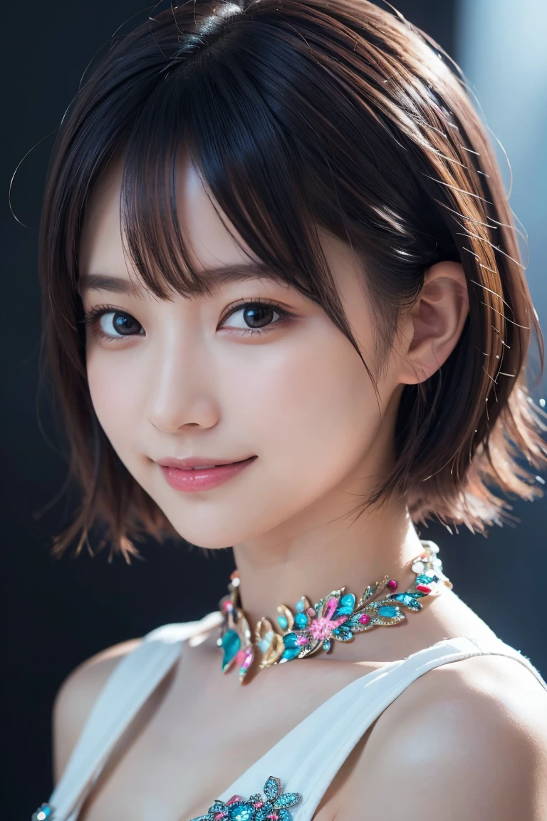 1 girl,(wearing colorful stage costume:1.2),very beautiful japanese idol portrait,close up of face,(RAW photo,best quality),(real,realistic:1.4),(masterpiece),very delicate and beautiful,very detailed,2k wallpaper,amazing,finely detailed,highly detailed CG Unity 8K wallpaper,very detailed,high resolution,soft light,beautiful detailed girl,very detailed eyes and face,beautiful refined nose,finely beautiful eyes,cinema lighting,(simple light color background:1.3),(short hair),(bob),full anatomy,slender body,small breasts,smiling,