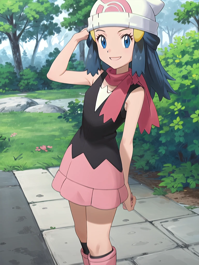 masterpiece, best quality, 1girl, dawn \(pokemon\), beanie, long hair, blue hair, blue eyes, black sleeveless shirt, pink scarf, pink skirt, pink boots, smile, looking at viewer, forest background