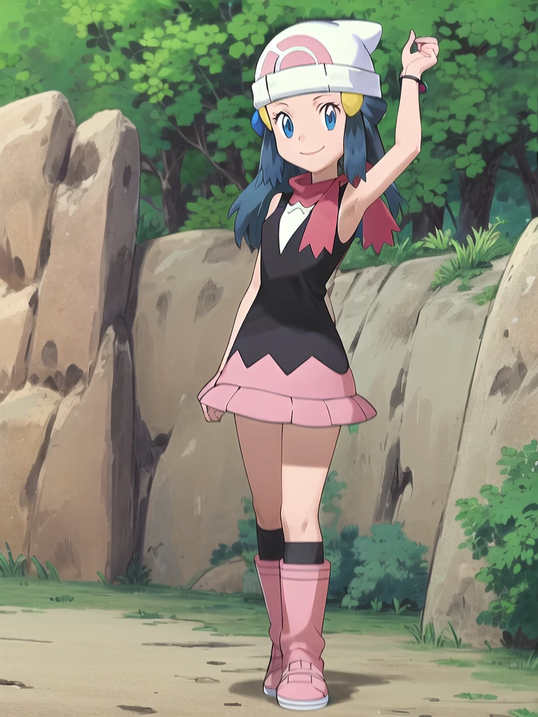 masterpiece, best quality, 1girl, dawn \(pokemon\), beanie, long hair, blue hair, blue eyes, black sleeveless shirt, pink scarf, pink skirt, pink boots, smile, looking at viewer, forest background