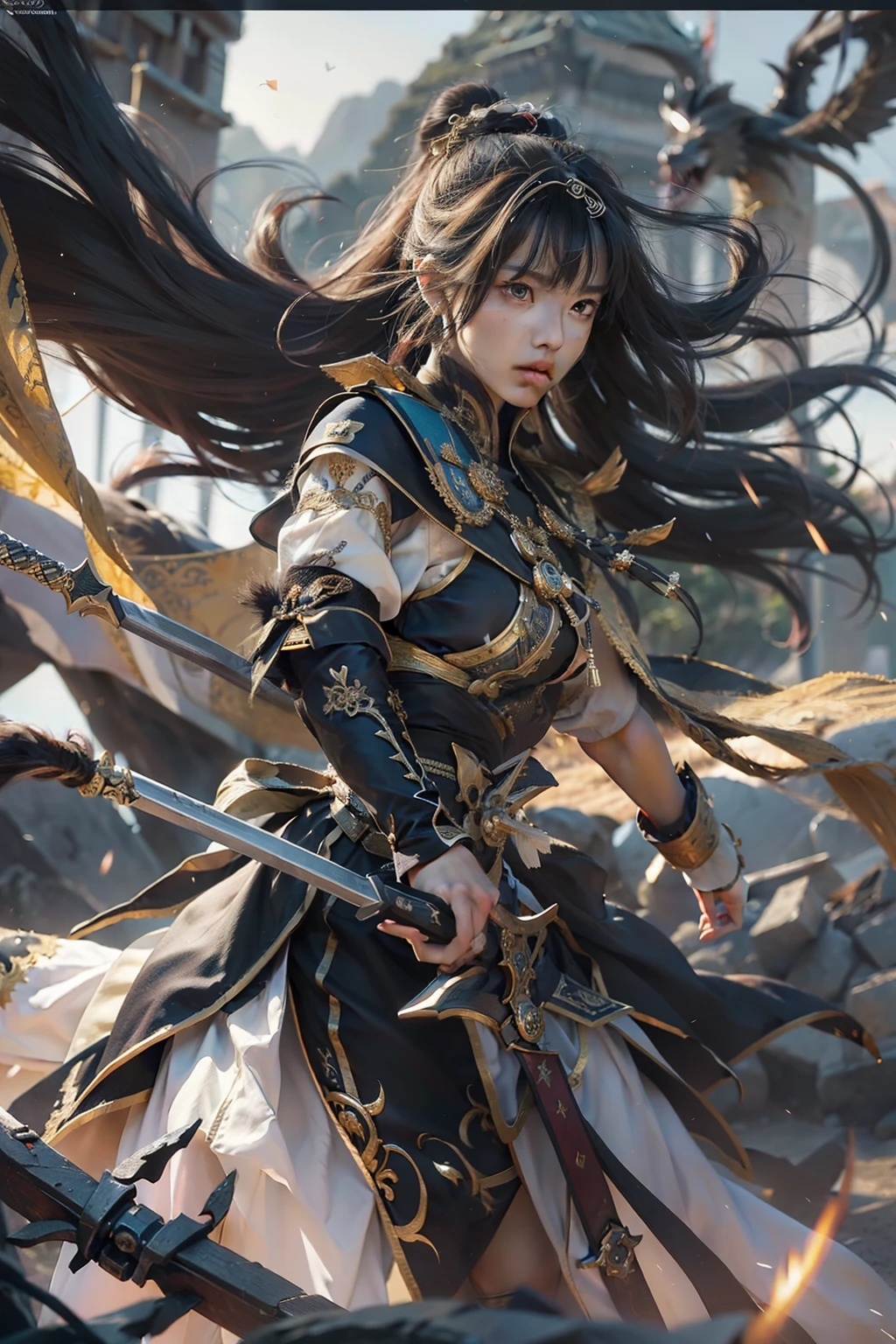 (Best Quality, High resolution, Realistic:1.37), Super detailed, Extremely fine resolution, (Symmetrical eyes:1.3), Female Commander,Black Hair,long hair,break, fierce々New Warriors, Ancient battlefields, god々Warriors of, epic showdown, Intense power, Historical Wars, Dramatic lighting, god秘的なオーラ, god聖な武器, god話の戦場, Legendary battles, Heroic champions, Fearless Warrior, Ancient legends, roar, Victory and glory, Immersive atmosphere, Epic combat, Great scene, god話の戦士,, Cinematic composition, intense energy, god話の英雄, god話上の生き物, Fierce determination, Great action, Dynamic pose, Monumental collision, Graceful beauty, god話の世界, god話の力, god力の介入,