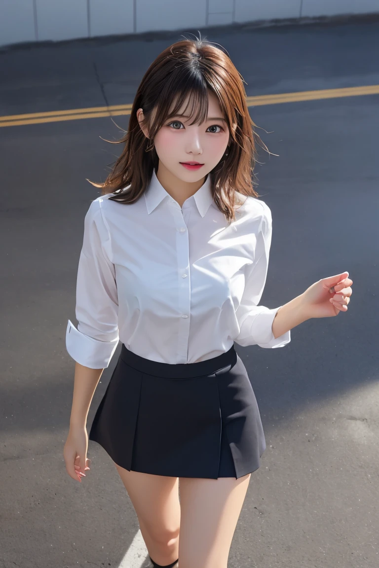 Highest quality, (beautiful)、White Business Shirt、Black Mini Tight Skirt、Close-up、Shoot from above