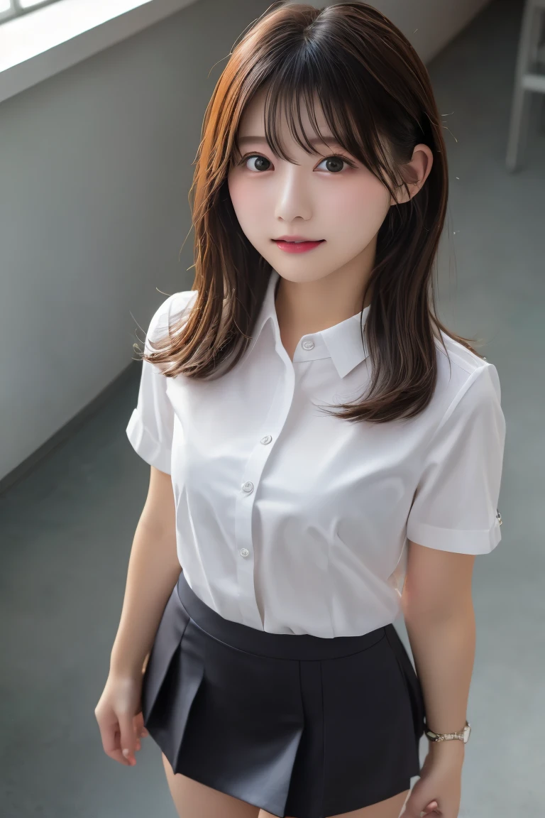 Highest quality, (beautiful)、White Business Shirt、Black Mini Tight Skirt、Close-up、Shoot from above
