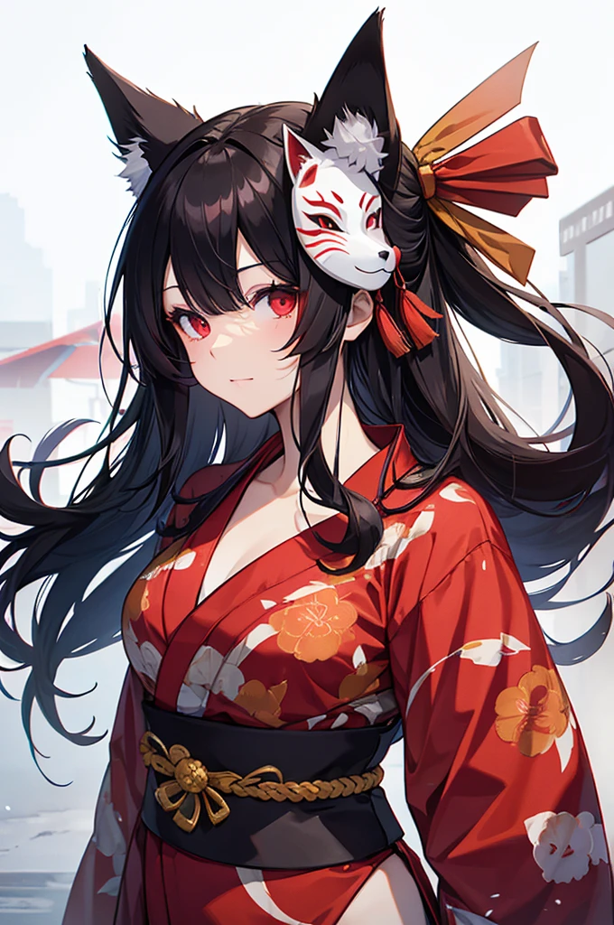 I am a beautiful girl. Wears a red yukata, has long black hair, and has red eyes. I has a fox mask on my head. crafty eyes.