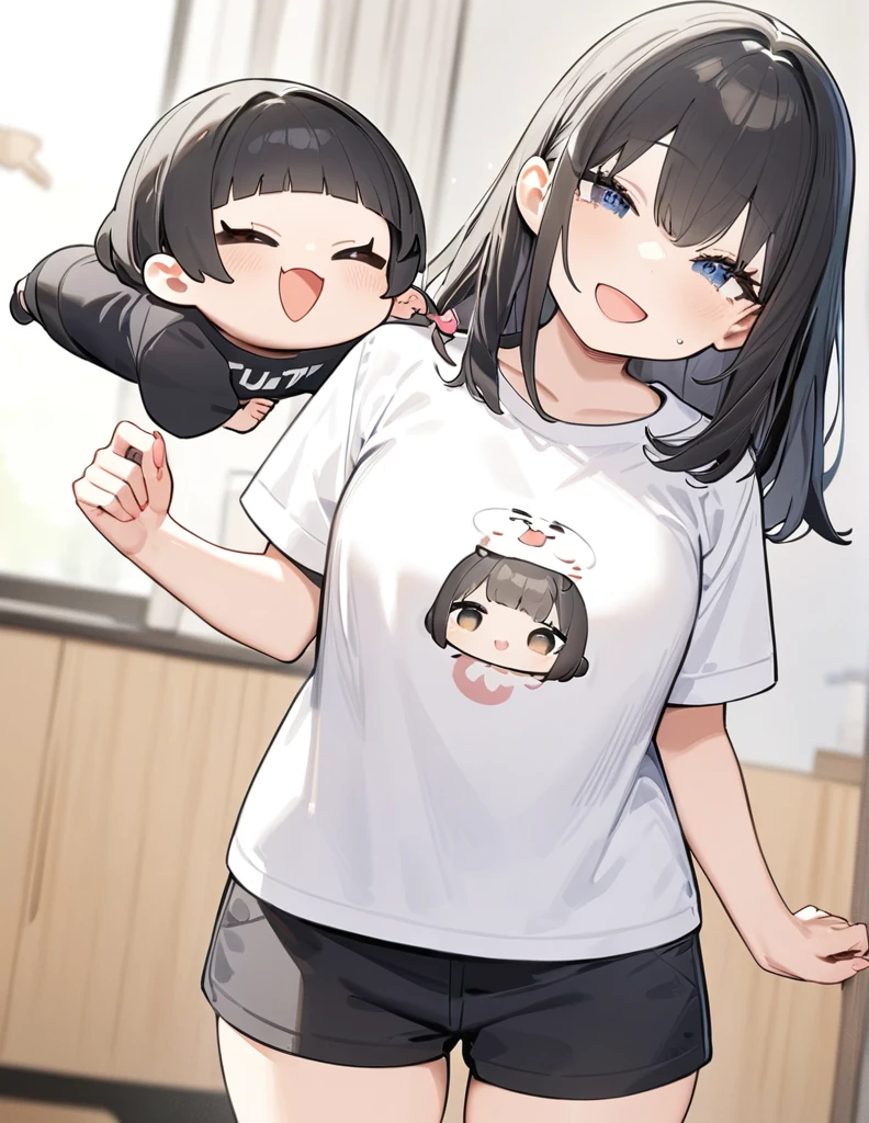 (A cute chibi-style girl),(black hair),(expressive eyes),(a small, round body),(The black-haired girl is wearing a T-shirt with a cheerful expression on her face.),(best quality:1.2),(master piece:1.2),(8k),(16k:1.2),(Illustration),(Best Quality:1.2),(Ultra-detailed:1.2),(top-quality:1.2),(masterpiece:1.2)