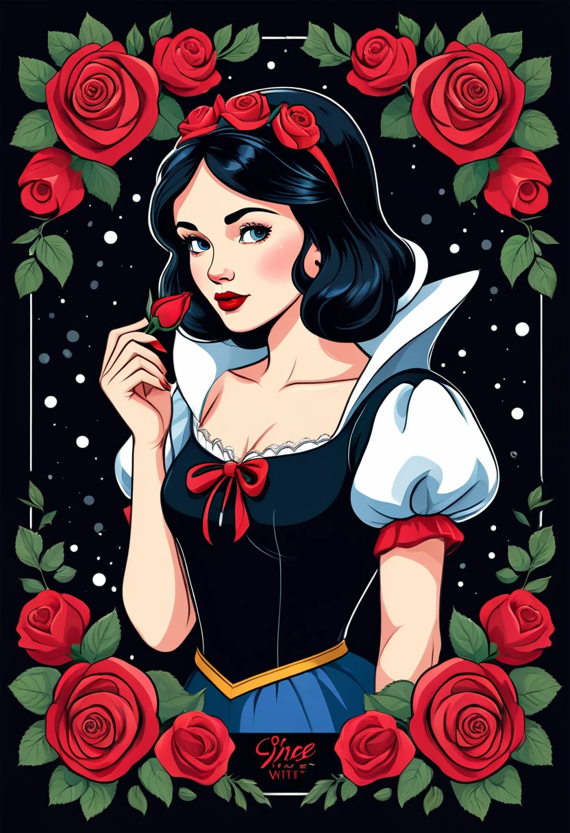 Snow white advertising poster style with red roses, t shirt design, flat-colors, vector,  ((black backdrop)) . proffesional, moderno, Product focus, Commercial, appealing, highy detailed