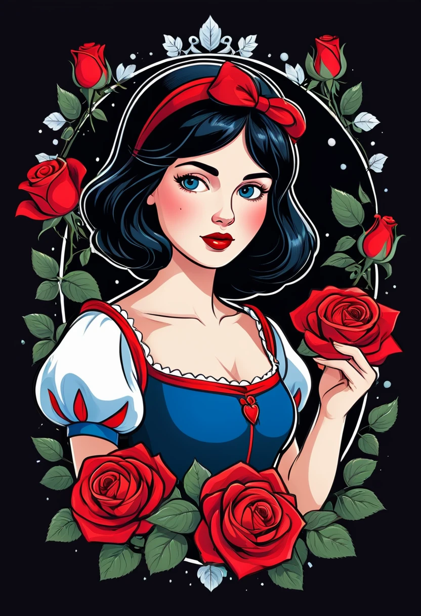 Snow white advertising poster style with red roses, t shirt design, flat-colors, vector, ((black backdrop)) . proffesional, moderno, Product focus, Commercial, appealing, highy detailed