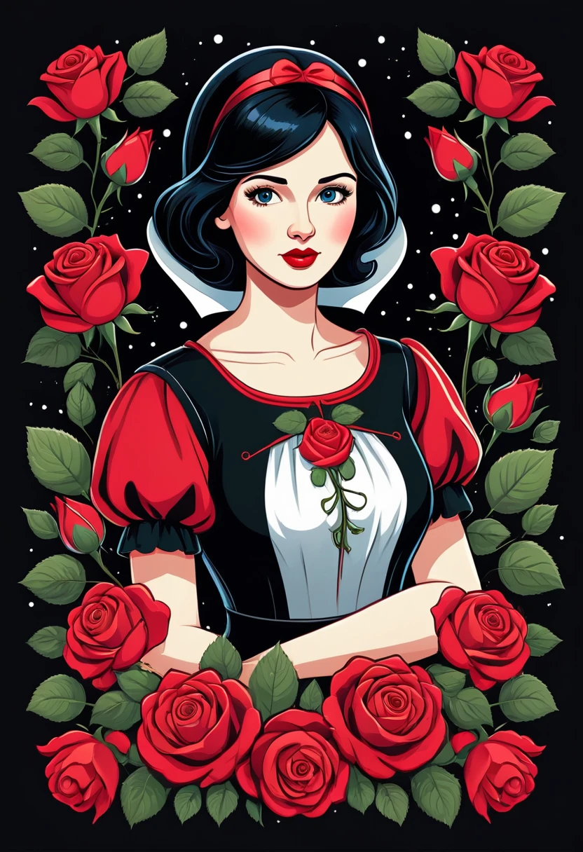 Snow white advertising poster style with red roses, t shirt design, flat-colors, vector, ((black backdrop)) . proffesional, moderno, Product focus, Commercial, appealing, highy detailed