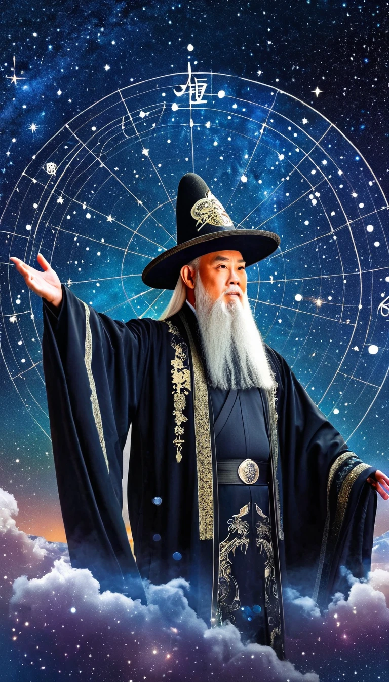 Oriental Fortune Teller，The old immortal on the top of the stars，Elders，White beard and long white eyebrows，（Wear an official hat，Kongming Hat），Black loose hanfu robe，Looking at the stars，Galaxy Tai Chi Bagua Diagram，artistic conception，large quantities of，Runes，Luminescence，Dream
