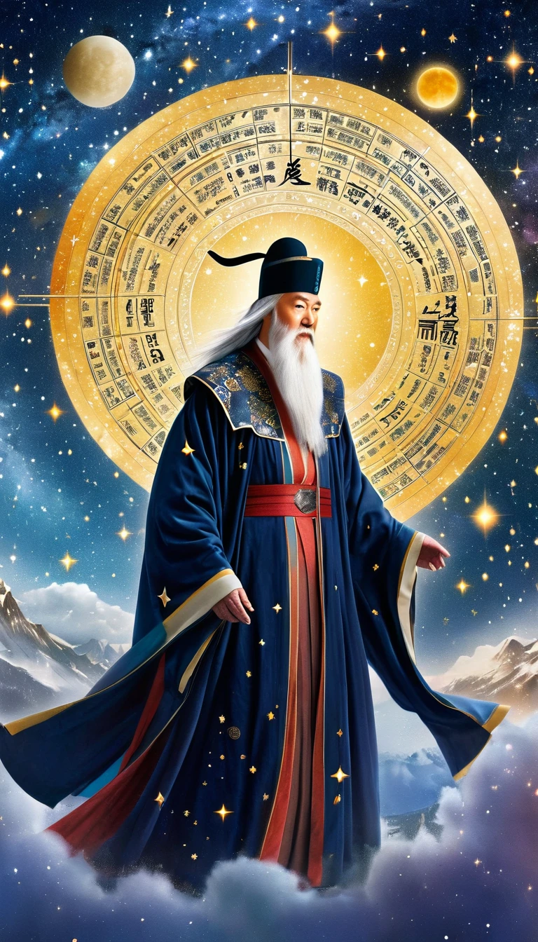 Oriental Fortune Teller，The old immortal on the top of the stars，Elders，White beard and long white eyebrows，（Wear an official hat，Kongming Hat），Black loose hanfu robe，Looking at the stars，Galaxy Tai Chi Bagua Diagram，artistic conception，large quantities of，Runes，Luminescence，Dream
